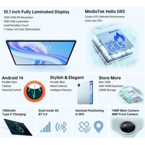 Планшет Teclast M50 Plus 10.1 6ГБ, 128ГБ, LTE, 7000мА•год, Android, блакитний