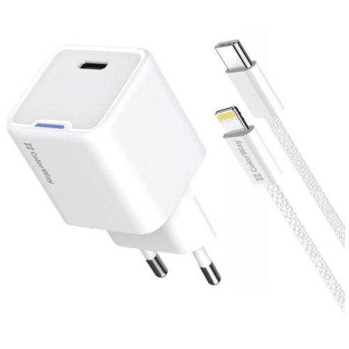 Мережевий зарядний пристрій ColorWay GaN Mini, USB Type-C, 20W PD, PPS, кабель USB Type-C to Lightning, White (CW-CHS059PDL-WT)