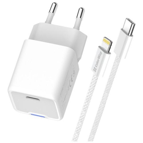 Мережевий зарядний пристрій ColorWay GaN Mini, USB Type-C, 20W PD, PPS, кабель USB Type-C to Lightning, White (CW-CHS059PDL-WT)