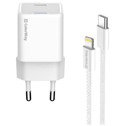 Мережевий зарядний пристрій ColorWay GaN Mini, USB Type-C, 20W PD, PPS, кабель USB Type-C to Lightning, White (CW-CHS059PDL-WT)