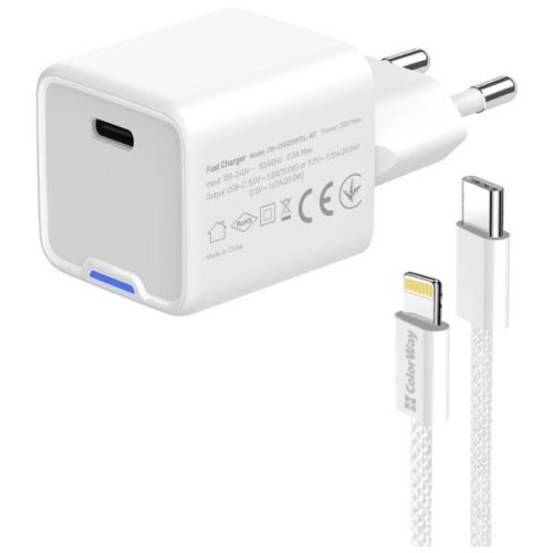Мережевий зарядний пристрій ColorWay GaN Mini, USB Type-C, 20W PD, PPS, кабель USB Type-C to Lightning, White (CW-CHS059PDL-WT)