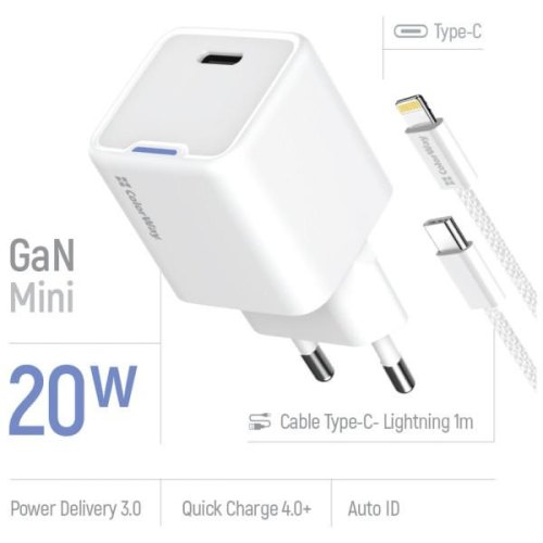 Мережевий зарядний пристрій ColorWay GaN Mini, USB Type-C, 20W PD, PPS, кабель USB Type-C to Lightning, White (CW-CHS059PDL-WT)