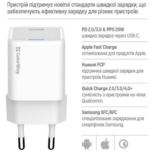 Мережевий зарядний пристрій ColorWay GaN Mini, USB Type-C, 20W PD, PPS, кабель USB Type-C to Lightning, White (CW-CHS059PDL-WT)
