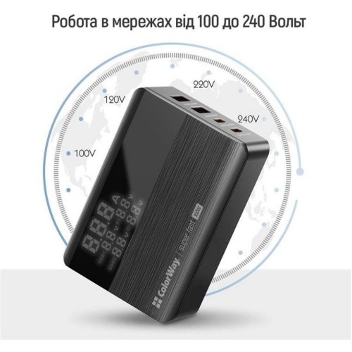 Мережевий зарядний пристрій ColorWay Power Delivery GaN, 2xUSB Type-A/2xUSB Type-C, 100W, Black (CW-CHS041PD-BK)