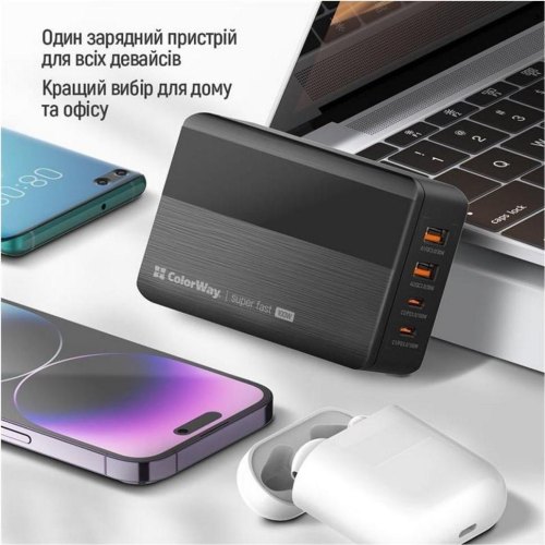 Мережевий зарядний пристрій ColorWay Power Delivery GaN, 2xUSB Type-A/2xUSB Type-C, 100W, Black (CW-CHS041PD-BK)