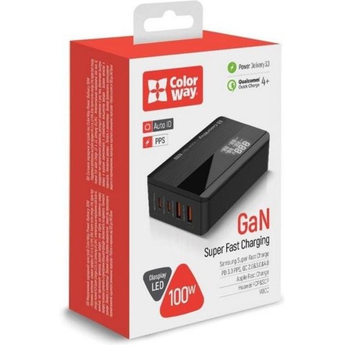 Мережевий зарядний пристрій ColorWay Power Delivery GaN, 2xUSB Type-A/2xUSB Type-C, 100W, Black (CW-CHS041PD-BK)