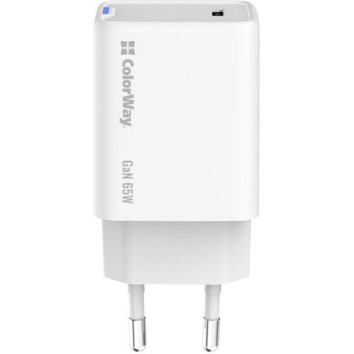 Мережевий зарядний пристрій ColorWay GaN Mini, USB Type-C, 65W PD, PPS, White (CW-CHS049PD-WT)
