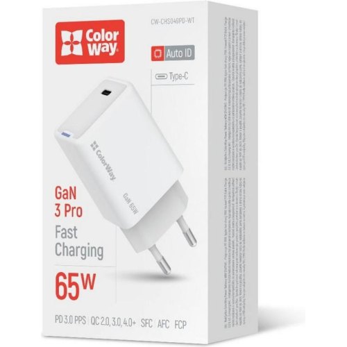Мережевий зарядний пристрій ColorWay GaN Mini, USB Type-C, 65W PD, PPS, White (CW-CHS049PD-WT)
