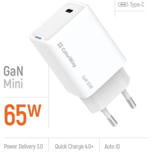Мережевий зарядний пристрій ColorWay GaN Mini, USB Type-C, 65W PD, PPS, White (CW-CHS049PD-WT)