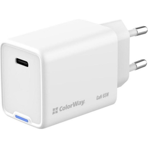 Мережевий зарядний пристрій ColorWay GaN Mini, USB Type-C, 65W PD, PPS, White (CW-CHS049PD-WT)