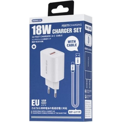Мережевий зарядний пристрій Remax Kiddy Series, USB Type-A, 18W, 2.1А, кабель USB Type-A to USB Type-C, White (RP-U119)