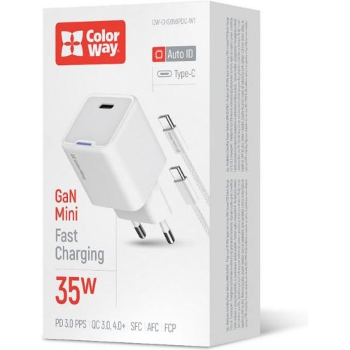 Мережевий зарядний пристрій ColorWay GaN Mini, USB Type-C, 35W PD, PPS, кабель USB Type-C to USB Type-C, White (CW-CHS056PDC-WT)