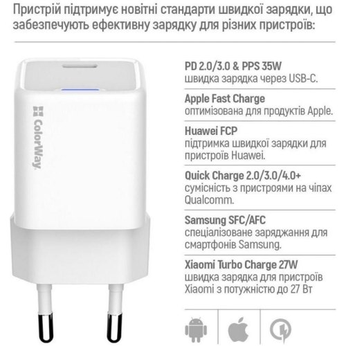 Мережевий зарядний пристрій ColorWay GaN Mini, USB Type-C, 35W PD, PPS, кабель USB Type-C to USB Type-C, White (CW-CHS056PDC-WT)