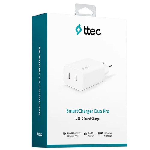 Мережевий зарядний пристрій Ttec SmartCharger Duo, 2xUSB Type-C, PD 40W, White (2SCS27B)