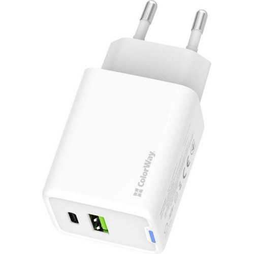 Мережевий зарядний пристрій ColorWay GaN Mini, USB Type-A/USB Type-C, 45W PD, PPS, QC 4.0, White (CW-CHS060PD-WT)