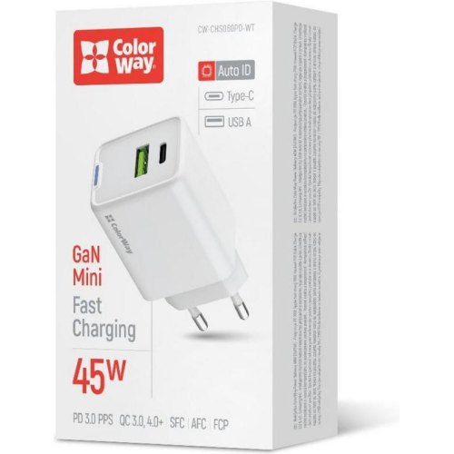 Мережевий зарядний пристрій ColorWay GaN Mini, USB Type-A/USB Type-C, 45W PD, PPS, QC 4.0, White (CW-CHS060PD-WT)