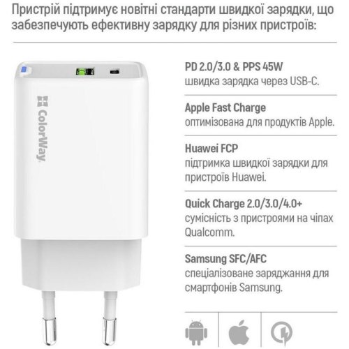 Мережевий зарядний пристрій ColorWay GaN Mini, USB Type-A/USB Type-C, 45W PD, PPS, QC 4.0, White (CW-CHS060PD-WT)