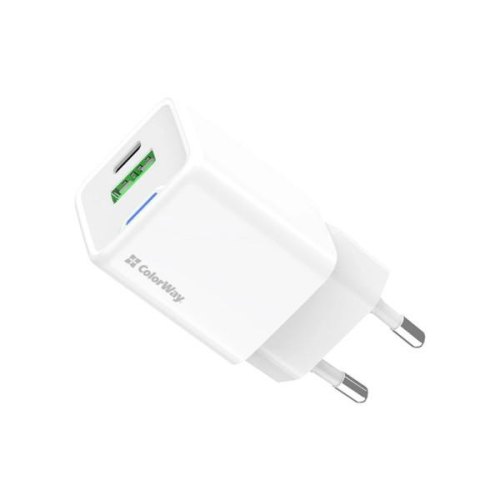 Мережевий зарядний пристрій ColorWay GaN Mini, USB Type-A/USB Type-C, 35W PD, PPS, QC 4.0, White (CW-CHS055PD-WT)