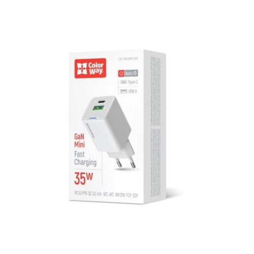 Мережевий зарядний пристрій ColorWay GaN Mini, USB Type-A/USB Type-C, 35W PD, PPS, QC 4.0, White (CW-CHS055PD-WT)
