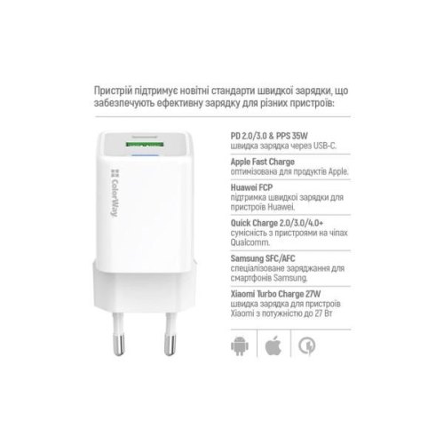 Мережевий зарядний пристрій ColorWay GaN Mini, USB Type-A/USB Type-C, 35W PD, PPS, QC 4.0, White (CW-CHS055PD-WT)