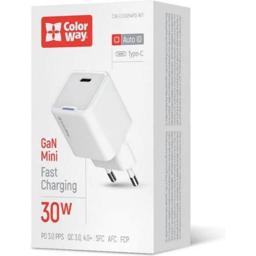Мережевий зарядний пристрій ColorWay GaN Mini, USB Type-C, 30W PD, PPS, White (CW-CHS054PD-WT)