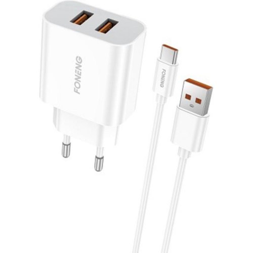 Мережевий зарядний пристрій Foneng EU45 Dual USB Charger, 2xUSB Type-A, 2.4A, кабель USB Type-A to USB Type-C, White (EU45-CH-TC)
