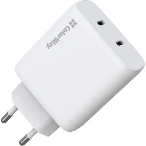 Мережевий зарядний пристрій ColorWay GaN Mini, 2xUSB Type-C, 50W PD, PPS, White (CW-CHS050PD-WT)