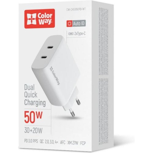 Мережевий зарядний пристрій ColorWay GaN Mini, 2xUSB Type-C, 50W PD, PPS, White (CW-CHS050PD-WT)
