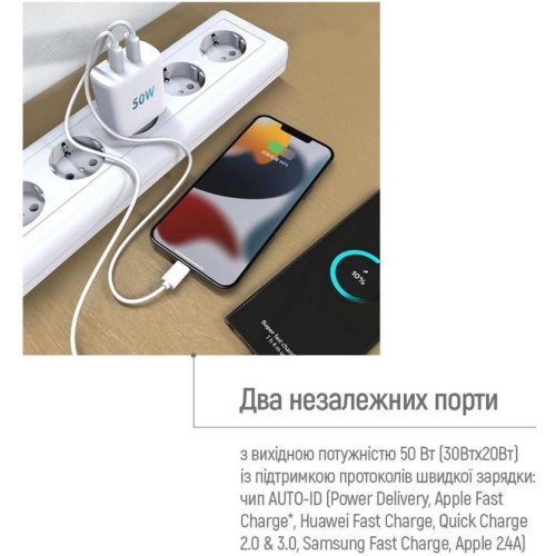 Мережевий зарядний пристрій ColorWay GaN Mini, 2xUSB Type-C, 50W PD, PPS, White (CW-CHS050PD-WT)