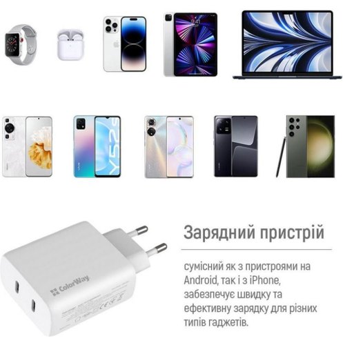 Мережевий зарядний пристрій ColorWay GaN Mini, 2xUSB Type-C, 50W PD, PPS, White (CW-CHS050PD-WT)