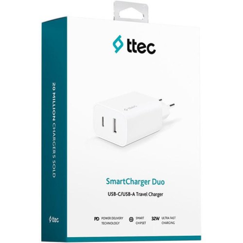 Мережевий зарядний пристрій Ttec SmartCharger Duo, USB Type-C/USB Type-A, PD, 32W, White (2SCS24B)