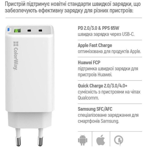 Мережевий зарядний пристрій ColorWay GaN Mini, USB Type-A/2xUSB Type-C, 65W PD, PPS, White (CW-CHS058PD-WT)