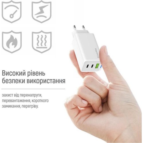 Мережевий зарядний пристрій ColorWay GaN Mini, USB Type-A/2xUSB Type-C, 65W PD, PPS, White (CW-CHS058PD-WT)