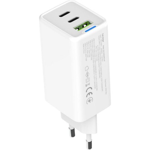 Мережевий зарядний пристрій ColorWay GaN Mini, USB Type-A/2xUSB Type-C, 65W PD, PPS, White (CW-CHS058PD-WT)