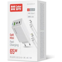 Мережевий зарядний пристрій ColorWay GaN Mini, USB Type-A/2xUSB Type-C, 65W PD, PPS, кабель USB Type-C, кабель Lightning, White (CW-CHS058PDCL-WT)