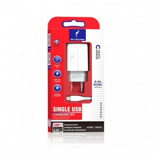 Мережевий зарядний пристрій SkyDolphin SC06L, USB Type-A, 2.4A, кабель USB Type-A to Lightning, White (MZP-000178)