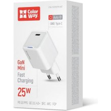 Мережевий зарядний пристрій ColorWay GaN Mini, USB Type-C, 25W PD, PPS, White (CW-CHS052PD-WT)