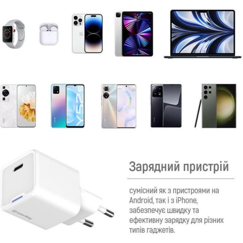 Мережевий зарядний пристрій ColorWay GaN Mini, USB Type-C, 25W PD, PPS, White (CW-CHS052PD-WT)