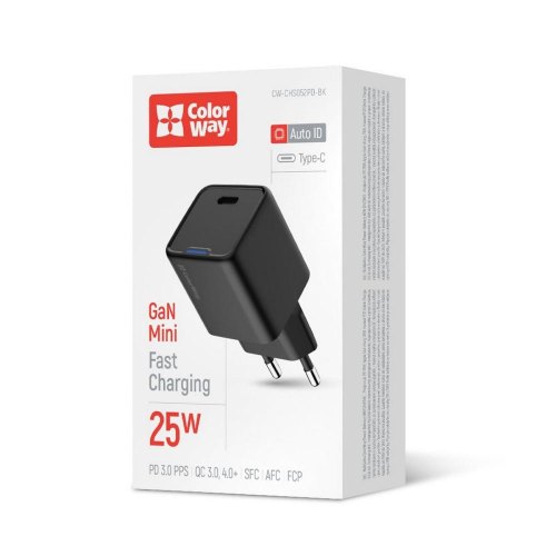Мережевий зарядний пристрій ColorWay GaN Mini, USB Type-C, 25W PD, PPS, Black (CW-CHS052PD-BK)