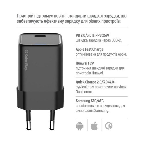 Мережевий зарядний пристрій ColorWay GaN Mini, USB Type-C, 25W PD, PPS, Black (CW-CHS052PD-BK)