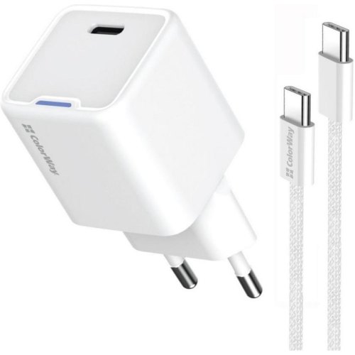 Мережевий зарядний пристрій ColorWay GaN Mini, USB Type-C, 30W PD, PPS, кабель USB Type-C to USB Type-C, White (CW-CHS054PDC-WT)