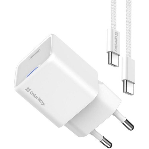 Мережевий зарядний пристрій ColorWay GaN Mini, USB Type-C, 30W PD, PPS, кабель USB Type-C to USB Type-C, White (CW-CHS054PDC-WT)