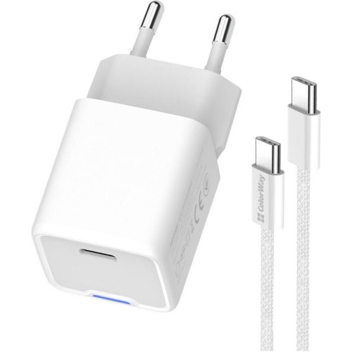 Мережевий зарядний пристрій ColorWay GaN Mini, USB Type-C, 30W PD, PPS, кабель USB Type-C to USB Type-C, White (CW-CHS054PDC-WT)
