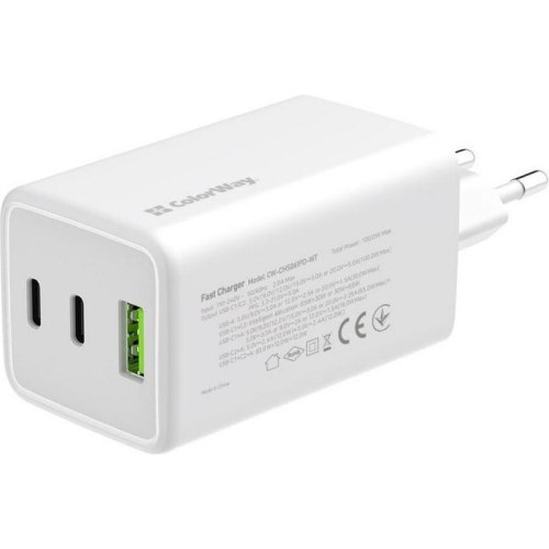 Мережевий зарядний пристрій ColorWay GaN Mini, USB Type-A/2xUSB Type-C, 100W PD, PPS, White (CW-CHS061PD-WT)