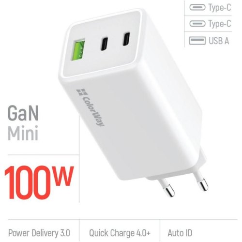 Мережевий зарядний пристрій ColorWay GaN Mini, USB Type-A/2xUSB Type-C, 100W PD, PPS, White (CW-CHS061PD-WT)