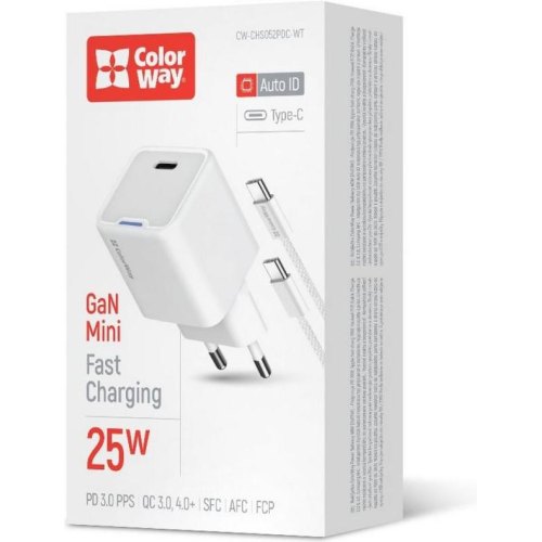 Мережевий зарядний пристрій ColorWay GaN Mini, USB Type-C, 25W PD, PPS, кабель USB Type-C to USB Type-C, White (CW-CHS052PDC-WT)