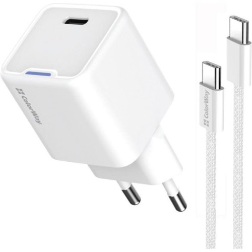 Мережевий зарядний пристрій ColorWay GaN Mini, USB Type-C, 25W PD, PPS, кабель USB Type-C to USB Type-C, White (CW-CHS052PDC-WT)