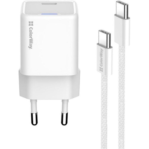 Мережевий зарядний пристрій ColorWay GaN Mini, USB Type-C, 25W PD, PPS, кабель USB Type-C to USB Type-C, White (CW-CHS052PDC-WT)