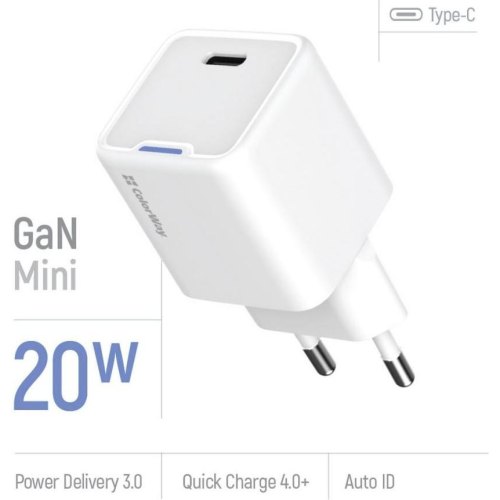 Мережевий зарядний пристрій ColorWay GaN Mini, USB Type-C, 20W PD, PPS, White (CW-CHS059PD-WT)