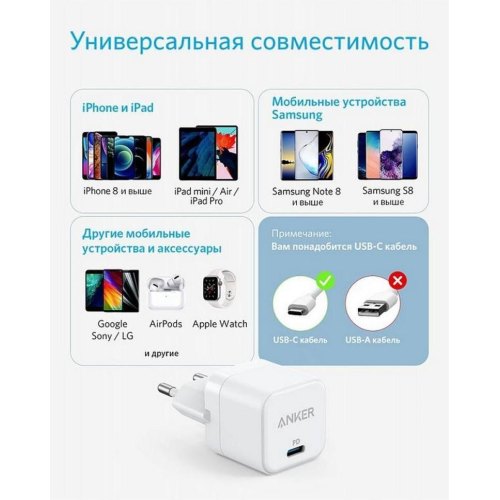 Мережевий зарядний пристрій Anker PowerPort III, USB Type-C, 20W, White (A2149G21)